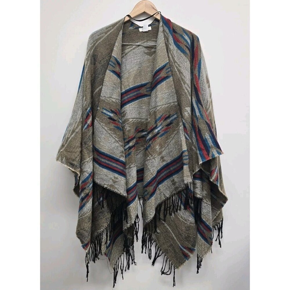Mudd Western Aztec Southwest Oversized Poncho Sweater Shawl Fringe OSFM
